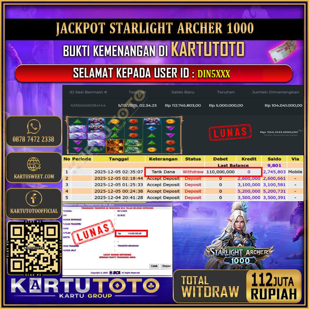 KARTUTOTO JACKPOT SLOT STARLIGHT ARCHER 1000 Rp.112.000.000,- LUNAS USER ID :  DIN5***	