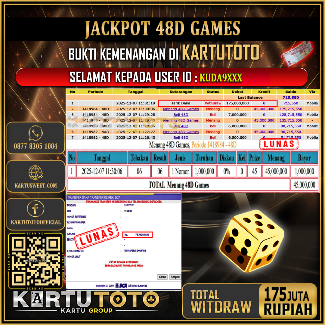 KARTUTOTO JACKPOT LIVE GAME 48D GAMES Rp.175.000.000,- LUNAS USER ID :  KUDA9***	