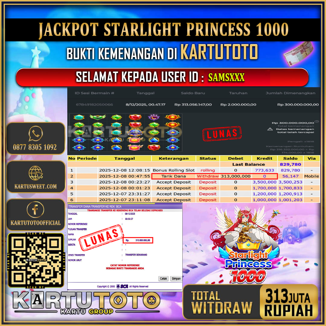 KARTUTOTO JACKPOT SLOT STARLIGHT PRINCESS 1000 Rp.313.000.000,- LUNAS USER ID :  SAMS***	
