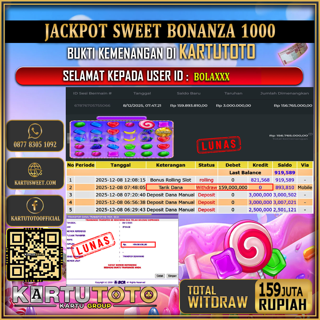 KARTUTOTO JACKPOT SLOT SWEET BONANZA 1000 Rp.159.000.000,- LUNAS USER ID :  BOLA***	