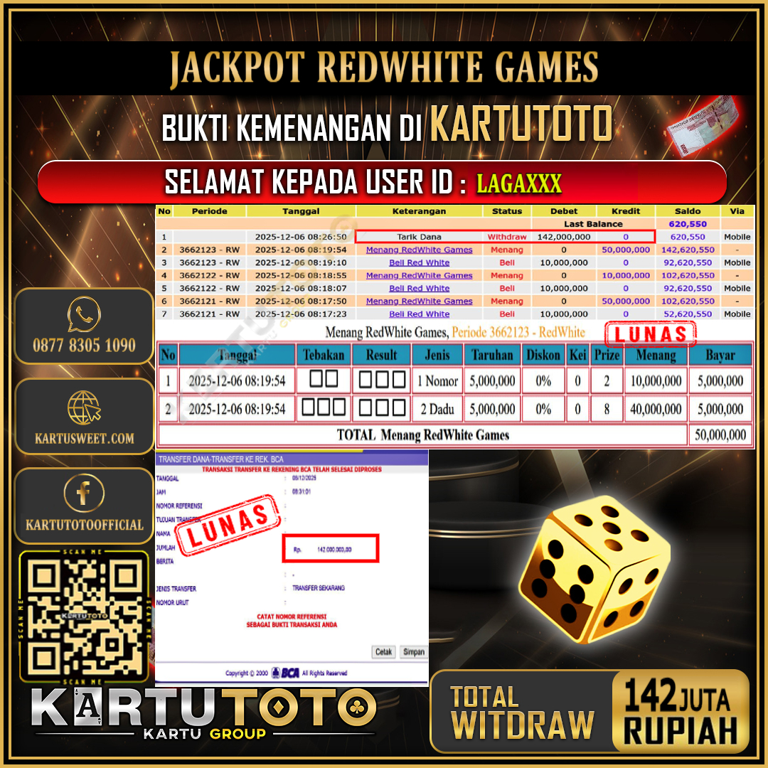 KARTUTOTO JACKPOT LIVE GAME REDWHITE GAMES Rp.142.000.000,- LUNAS USER ID :  LAGA***	